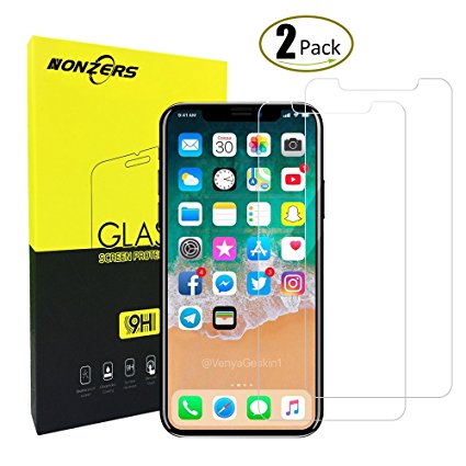 NONZERS Screen Protector for iPhone X -High Definition，[2-Pack] Tempered Glass Screen Protector for iPhone X,9H Hardness Anti-Scratch Screen Protector,3D Touch Compatible,Easy Bubble-Free Installation