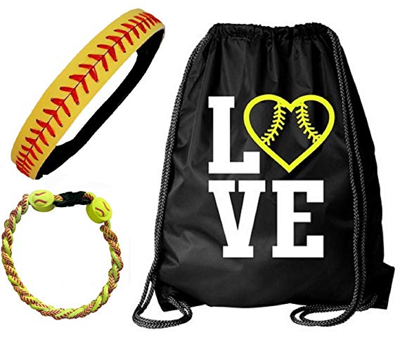 Kenz Laurenz Softball Headband Set - Leather Seamed Headbands Yellow Red Stitching, Softball Post Earrings, Softball Titanium Necklace, Softball Bow Hair Ties by