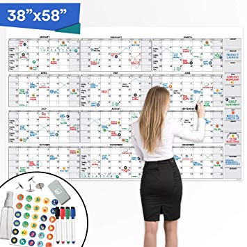 Large Dry Erase Wall Calendar - 38" x 58" - Premium Undated Blank 2020 Reusable Yearly Calendar - Giant Whiteboard Year Poster - Laminated Jumbo Annual Office 12 Month Calendar
