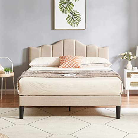 VECELO Queen Upholstered Platform Bed Frame,Mattress Foundation with Height Adjustable Tufted Headboard,Strong Wood Slat Support, No Box Spring Needed,Champagne Beige