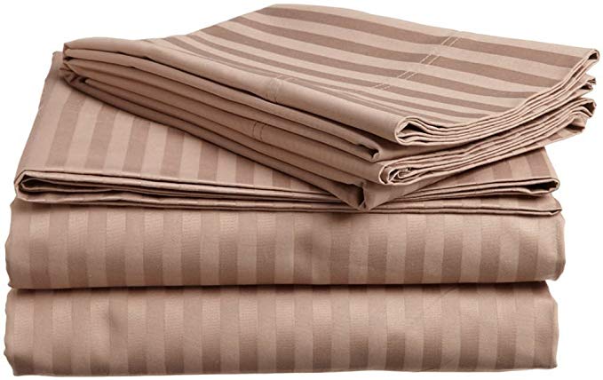 Way Fair Sheet Set Queen Size Taupe Stripe 100% Cotton 600 Thread-Count (15" Deep Pocket Drop) By
