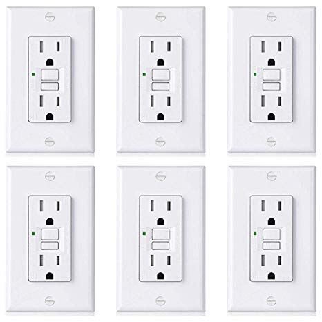 [6 Pack] BESTTEN Slim GFCI Outlet, 15A/125V, Tamper-Resistant (TR) GFI Duplex Receptacle with LED Indicator, Self-Test Ground Fault Circuit Interrupter with Decorator Wall Plate, UL Listed, White