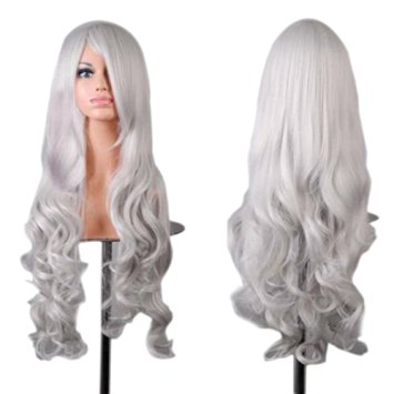 Rbenxia Curly Cosplay Wig Long Hair Heat Resistant Spiral Costume Wigs Silver 32" 80cm