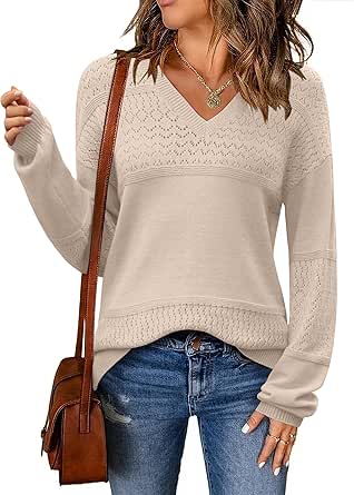 Zeagoo Womens 2024 Fall Sweaters Casual Long Sleeve Ribbed Knit Pullover V Neck Lightweight Crochet Pullover Sweater Top