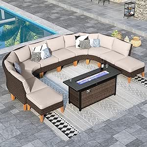 Sophia & William Patio Furniture Set with Fire Pit Table, 11 Piece Half Moon Outdoor Wicker Sectional Sofa Set, Rattan Conversation Set with 56-Inch Fire Pit Table & Ottoman (Beige)