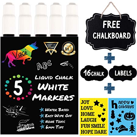 White Chalk Markers by Vaci, Pack of 5 White Markers Drawing Stencils   16 Labels, Premium Liquid Chalkboard Neon Pens, Professional White Ink Tips
