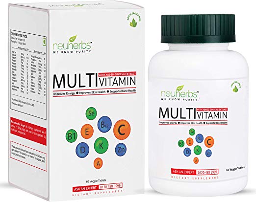 Neuherbs Multivitamin with 27 Nutrients (Vitamins, Minerals & Enriched Ginseng Extract) for Men and Women - 60 Veggie Tablets