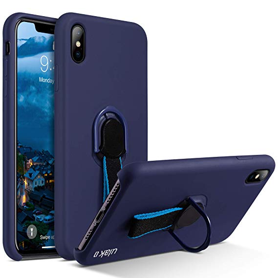 ULAK iPhone Xs Max Case, Soft Case with Ring Holder & Finger Strap, Liquid Silicone Shockproof Rubber Case with Phone Ring Stand Scratch Resistance Protective Cover for iPhone Xs Max 6.5 2018, Blue