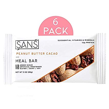 SANS Peanut Butter Cacao Meal Replacement Protein Bar | All-Natural Nutrition Bar With No Added Sugar | Dairy-Free, Soy-Free, and Gluten-Free | 15 Essential Vitamins and Minerals | (6 Pack)
