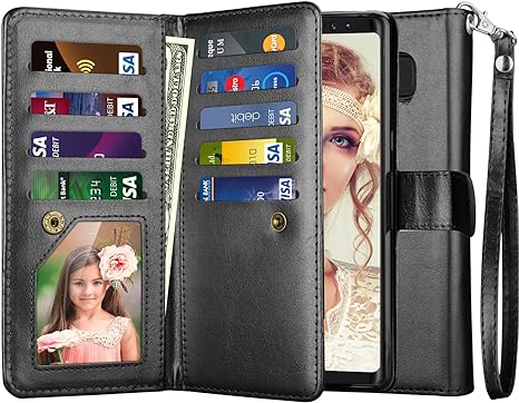 NJJEX for Galaxy Note 8 Case, for Note 8 Wallet Case, PU Leather [9 Card Slots] ID Credit Folio Flip Cover [Detachable] [Kickstand] Magnetic Phone Case & Wrist Strap for Samsung Note 8 [Black]
