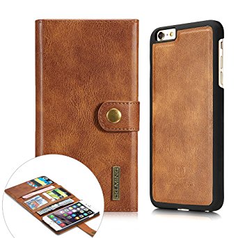 iPhone 6/6s Plus Case,Wallet Case,Magnetic Detachable Large Storage [Genuine Leather][12 Card Slots][Business Style] Removable Vintage Case Cover with Card Holder for iPhone 6/6s Plus Brown