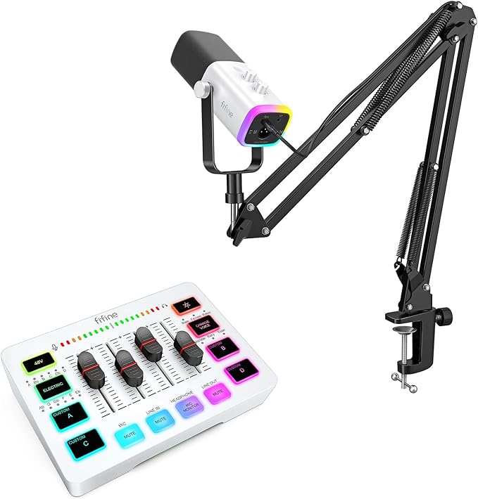 FIFINE Streaming Dynamic Microphone Set and Gaming PC Mixer,Computer Mic for Vocal Podcast Recording,with Headphones Jack,Gain Knob,Arm Stand,Audio Mixer with Slider Fader for Video(AM8TW SC3W)