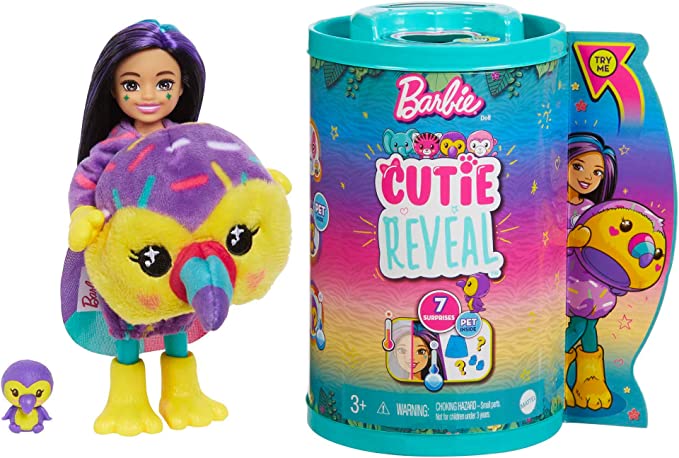 Barbie Small Dolls and Accessories, Cutie Reveal Chelsea Doll with Toucan Plush Costume & 7 Surprises Including Color Change, Jungle Series