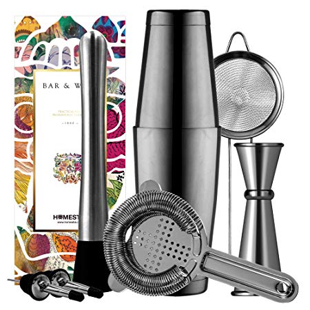 Boston Cocktail Shaker Home Bar Set by Homestia 8-Piece: 18oz & 28oz Shaker Tins, Hawthorne Cocktail Strainer, Fine Mesh Strainer, Double Jigger, Mixing Spoon, Drink Muddler and Pour Spouts Black