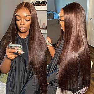 Hermosa 13x4 Brown Lace Front Wigs Human Hair Pre Plucked Hairline with Baby Hair 180 Density Straight Lace Frontal Human Hair Wigs for Women 4# Brown Color 18 Inch