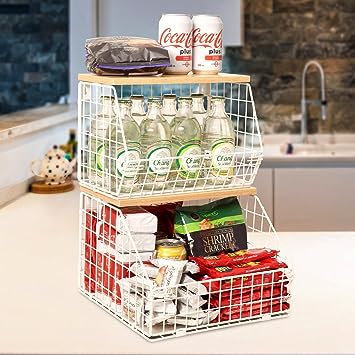 Mefirt White Fruit Bowl, 2-Tier Fruit Basket for Kitchen Counter, Stackable Wall Mounted Fruit Storage, Snack Organizer, Potato and Onion Storage Basket, Hanging Pantry Organizer with Wood Lid, 2 Set