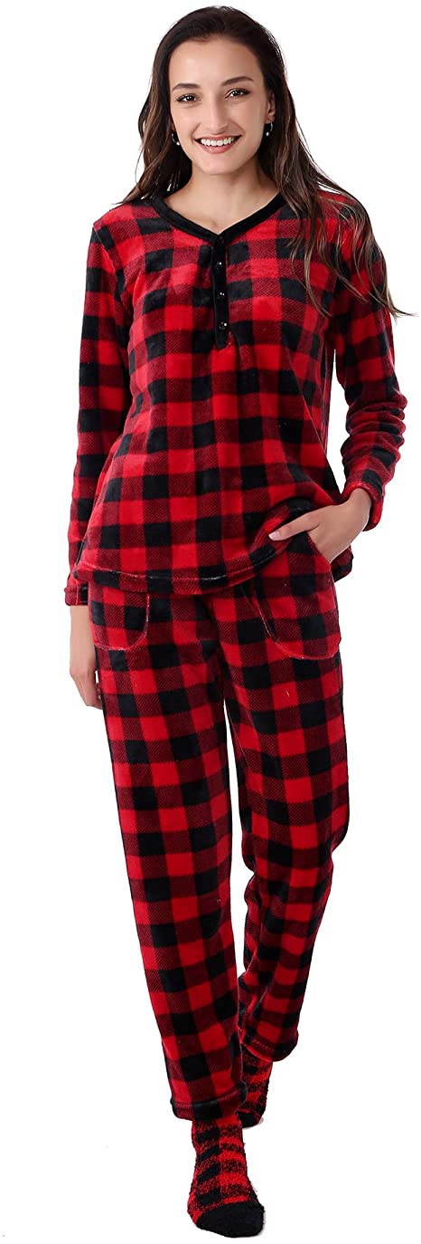 MissShorthair Warm Fleece Pajamas Set Soft Sleepwear Long Sleeve Pjs for Women