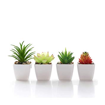 Veryhome Fake Succulents Plants Artificial Potted in Mini Square White Pots for Home Garden Decor (Green) (Green-4PCS, S-4PCS)