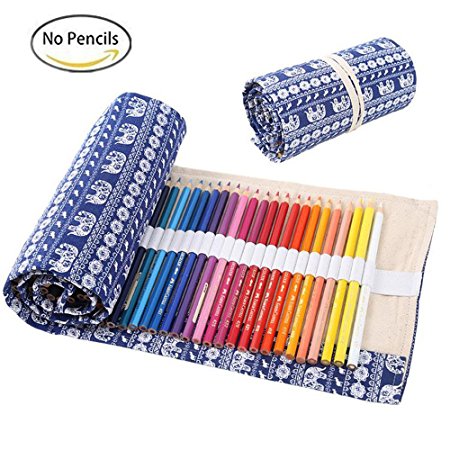 NIUTOP Canvas Pencil Wrap, Pencils Roll Case Pouch Hold For 72 Coloured Pencils ,Roll Case for Gel pen,Travel organiser Pouch for Artist, Multi-purpose(Pencils are not included) (Retro elephant)