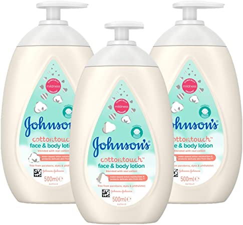 JOHNSON'S Baby Cottontouch Face & Body Lotion Multipack – Ultra-Light Moisture for Newborns – Blended with Real Cotton – pH Balanced for Sensitive Skin – 3 x 500ml