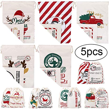 Isbasa 5 Packs Large Santa Sacks Christmas Cotton Santa Bags with Drawstrings 27.5 inches X 19.7 inches