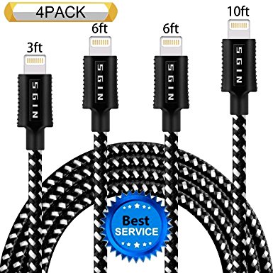 SGIN iPhone Cable 4Pack 3FT 6FT 6FT 10FT Nylon Braided Certified Lightning Cable USB Cord Charging Charger for iPhone X, 8, 8 Plus, 7, 7 Plus, 6s, 6s Plus, 6, 6 Plus, SE, iPad Black White