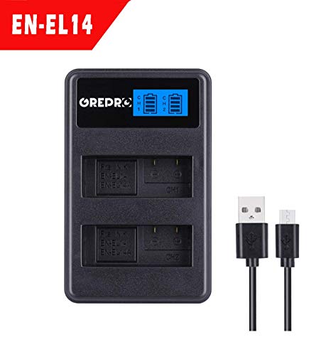 EN-EL14 Camera Battery Charger Grepro Dual Slot Charger with LCD Display Charging for Nikon D5600 D5500, D3100, D3200, D3300, D5100, D5200, D5300, DF, Coolpix P7000, P7100 Cameras and More.