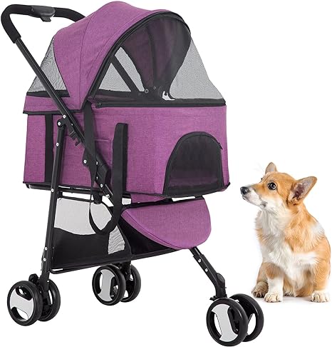 BestPet Pet Stroller Premium 3-in-1 Multifunction Dog Cat Jogger Stroller for Medium Small Dogs Cats Folding Lightweight Travel Stroller with Detachable Carrier (Purple, 3 Wheels)