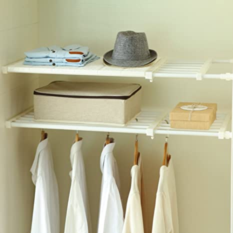 HyFanStr Adjustable Storage Rack Expandable Separator Shelf for Wardrobe, Cupboard, Bookcase Compartment Collecting (Length:13"-20.9", Width:11.8", White)