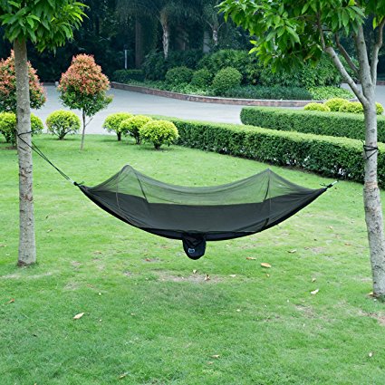 isYoung Parachute Fabric Hammock with Mosquito Net Cover, Durable and Portable , Suit for 2 Persons, Outdoors (Black / Army Green)