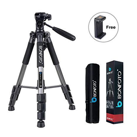 BONFOTO Q111 55-Inch Professional Compact Aluminum Camera Tripod Camcorder Stand with Pan Head Plate and Phone Holder Mount for DSLR Canon Nikon Sony DV Video and Smartphones (Silver gray)