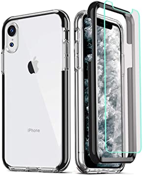 COOLQO Compatible for iPhone XR Case, with 2 x Tempered Glass Screen Protector Clear 360 Full Body Coverage Hard PC Soft Silicone TPU 3in1 Heavy Duty Shockproof Defender Phone Protective Cover Black
