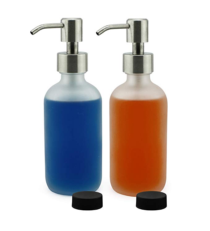 Cornucopia Brands Frosted Glass Soap Dispenser w/Stainless Steel Pumps (White Frosted, 8-Ounce, 2-Pack); Boston Round Bottles w/Lotion Pump Tops and Caps