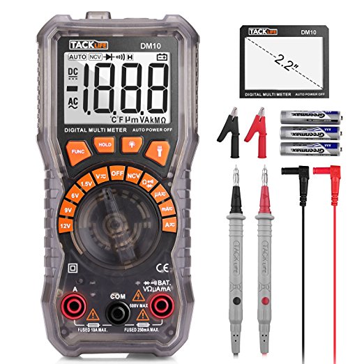 Multimeter, Tacklife DM10 Electrical Tester 2000 Counts Auto-Ranging Amp Volt Ohm Meter Diode and Continuity Tester Voltage Detector with LCD Display and Backlight