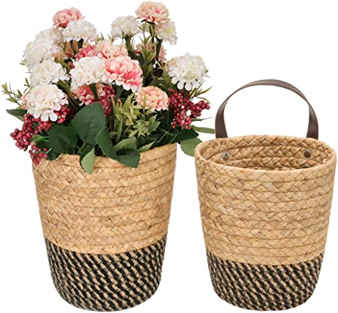 StorageWorks Water Hyacinth & Jute Wicker Baskets, Woven Hanging Basket for Plants & Accessories, Wall Basket Decor, Mixing of Natural & Black, Set of 2 (one Large, one Small)