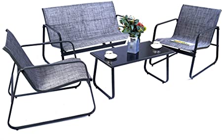 Kozyard Sofia 4 Pieces Patio/Outdoor Conversation Set with Strong Powder Coated Metal Frame, Breathable Textilence, Includes One Love Seat, Two Chairs and One Table (Gray)