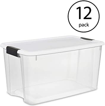 Sterilite 70 Quart Ultra Latch Storage Box with White Lid & Clear Base (12 Pack)