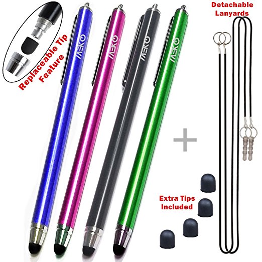 MEKO(TM) 4 Pcs [0.22-inch Rubber Tip Series] 5.5"L Precision Rubber Thin-Tip Styli/Stylus Pens Bundle With 4 Extra Replacement Rubber Tips and 2 Elastic Lanyards - (Dark Blue/Green/Hot Pink/Black)