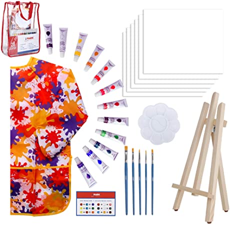 Paint Easel Kids Art Set- 28-Piece Acrylic Painting Supplies Kit with Storage Bag, 12 Non Toxic Washable Paints, 1 Scratch Free Wood Easel, 6 Blank Canvases 8 x 10 inches, 5 Brushes, 10 Well Palette