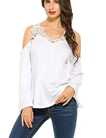 Women Sexy Off Shoulder Lace Crochet Flare Bell Long Sleeve T-shirt Blouse Tops