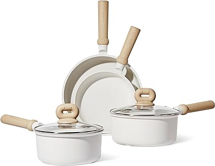 CAROTE Pots and Pans Set Nonstick Cookware Sets 6 Pcs, Induction Cooking Set White Granite Kitchen Cookware w/Frying Pans & Saucepans