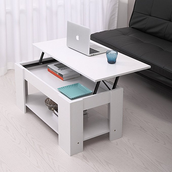 JAXPETY Lift up Top Coffee Table with Under Storage Shelf Modern Living Room Furniture (White)