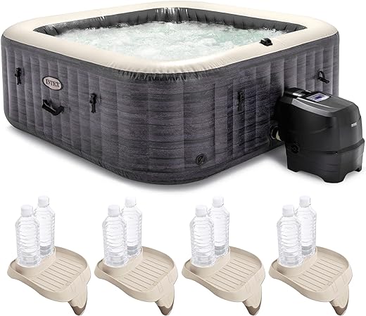 Intex PureSpa Plus 94 Inch x 28 Inch Inflatable Square Hot Tub Spa with Attachable Cup Holder and Set of 4 Refreshment Tray Accessory, Greystone