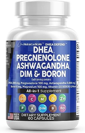 DHEA 200mg Supplement Pregnenolone 100mg for Men & Women with DIM Ashwagandha 3000mg Boron 6mg Complex Calcium Magnesium Zinc 50mg Vitamin D3 5000 iu Hormone Support Capsules Pills - Made in USA 60 Ct