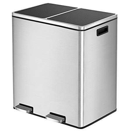 HEMBOR Dual Trash Can, 16 Gallon (2X30L) Step Rubbish Bin, Stainless Steel Double Compartment Classified Recycle Garbage Pedal Dustbin, Suit for Bathroom Kitchen Office Home, Indoor and Outdoor