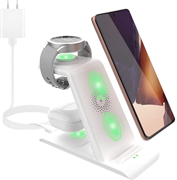 3 in 1 Charging Station Samsung Wireless Charger Stand for Galaxy S23 S22(Plus/Ultra)/S21/S20/S10/Note 20/10/9/Z Flip/Fold 4 3/Galaxy Watch 5(Pro)/4/3/Buds2 Pro/Buds Pro/Live Multiple Devices(White)