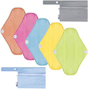 Rovtop Reusable Sanitary Pads 5 Pcs 25 cm Candy Colors Bamboo Washable Cloth Menstrual Pads Panty Liners for Women with 2 Pcs Wet Dry Bag Heavy Flow