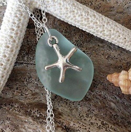 Handmade in Hawaii, seafoam sea glass necklace, starfish charm, sterling silver chain,gift box,beach glass necklace,sea glass jewelry,beach glass jewelry, gifts for her