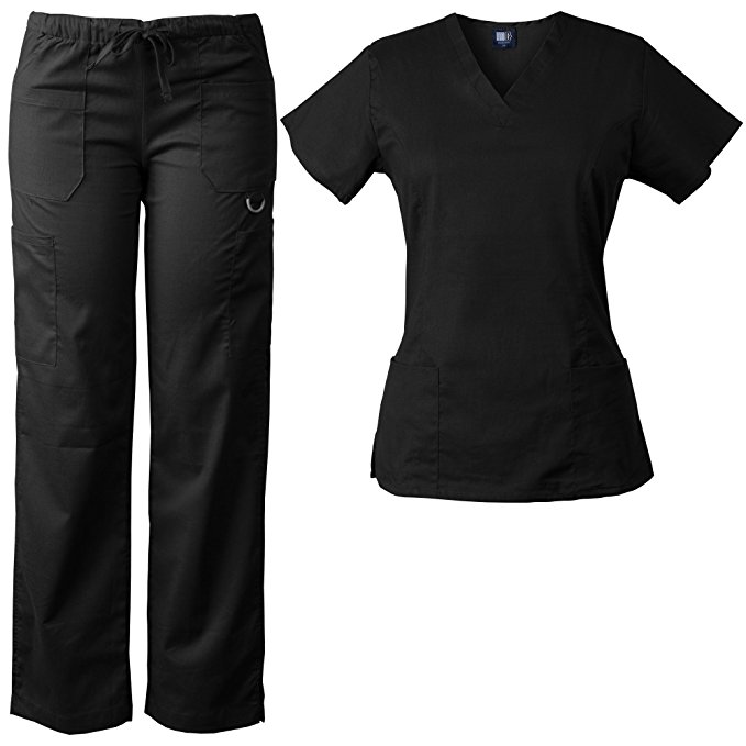 Medgear Women's Stretch Scrubs Set, Sporty V-neck Top & Multi-pocket Pants 7895