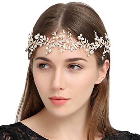 FAYBOX Handmade Crystal Rhinestones Wedding Head Band Bridal Hair Accessorie Headpieces Gold-tone